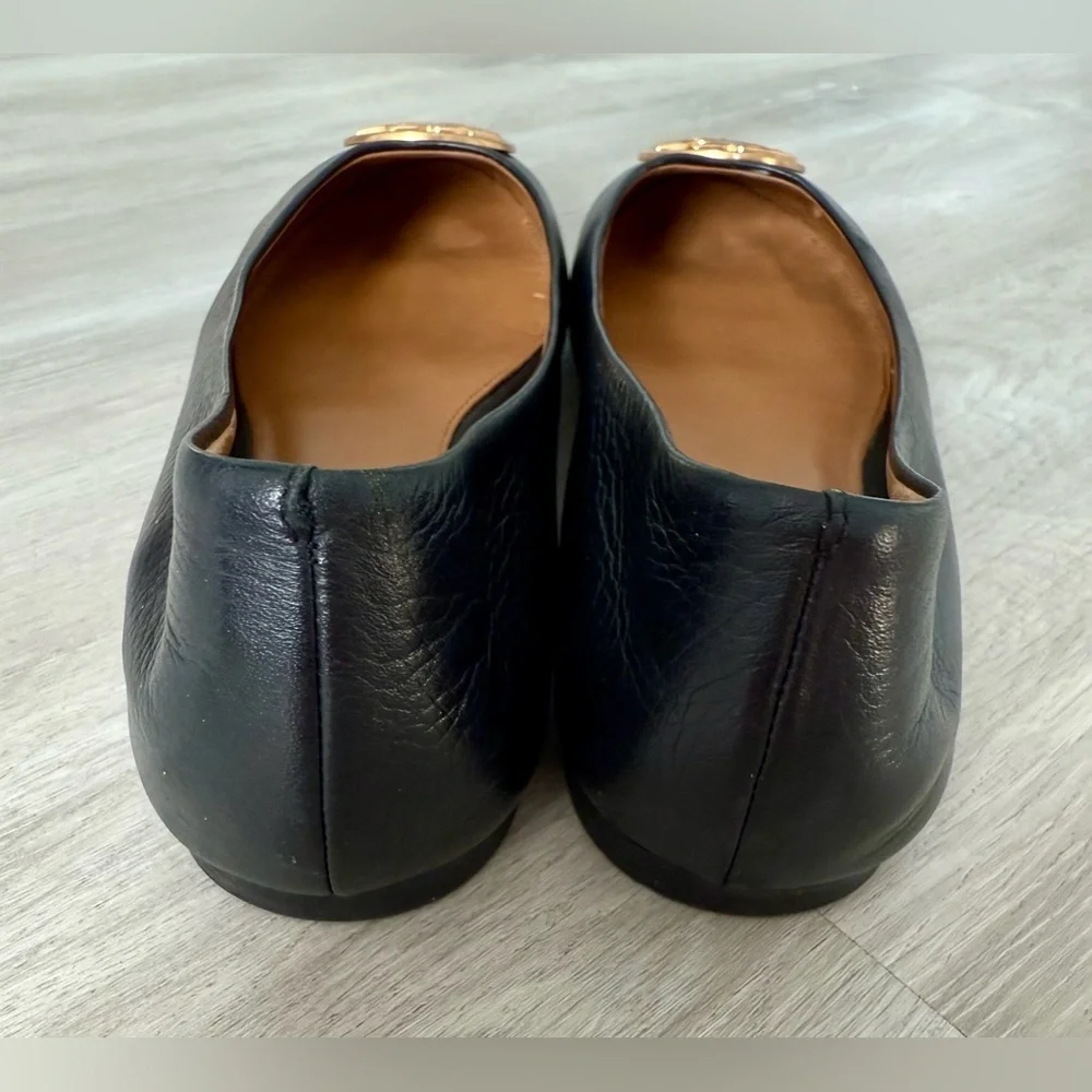 Tory Burch Benton Ballet Flats Shoes Black Nappa Leather Gold Tone Logo Size 6